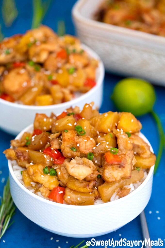 Hawaiian Chicken over white rice in a bowl.