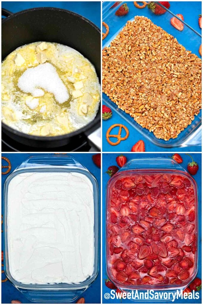 photo collage of steps how to make strawberry pretzel salad