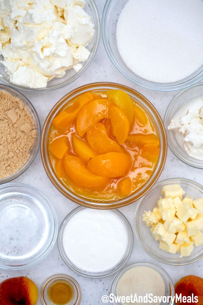 no bake peach cheesecake ingredients in bowls on a table