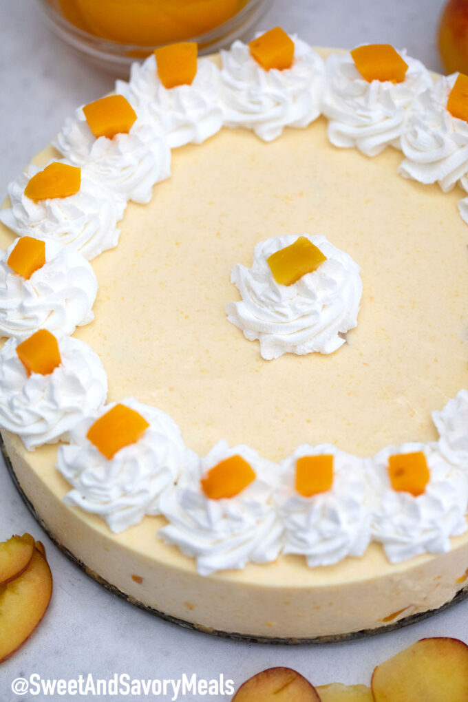 Photo of no bake peach cheesecake.