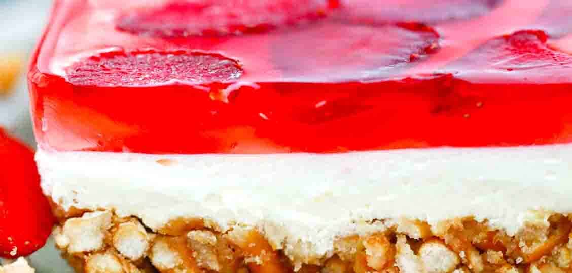 a slice of no bake strawberry pretzel salad