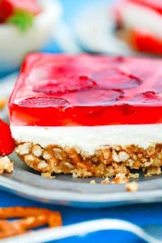 a slice of no bake strawberry pretzel salad