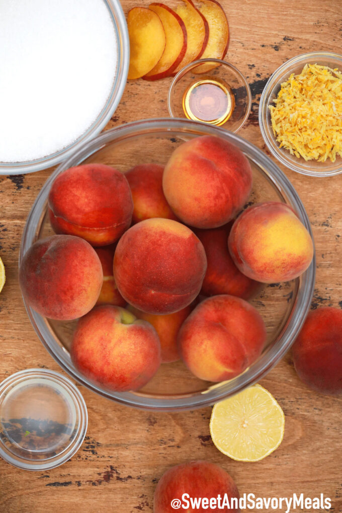 Photo of peach jam ingredients.