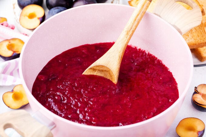 A saucepan with homemade plum jam.
