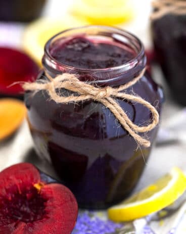 Jar of homemade plum jam.