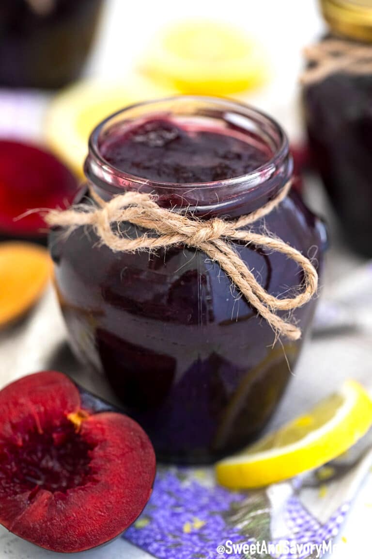 Jar of homemade plum jam.