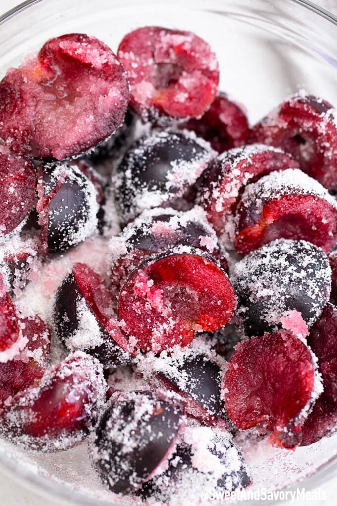 Plums covered in sugar.