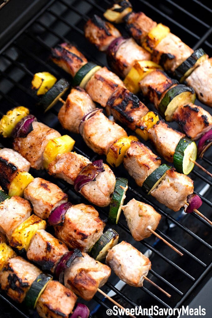 Pork kebabs on the grill.