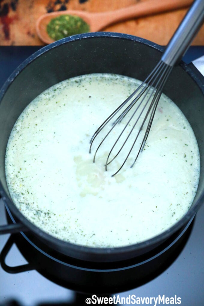 Condensed Cream of chicken soup simmering.