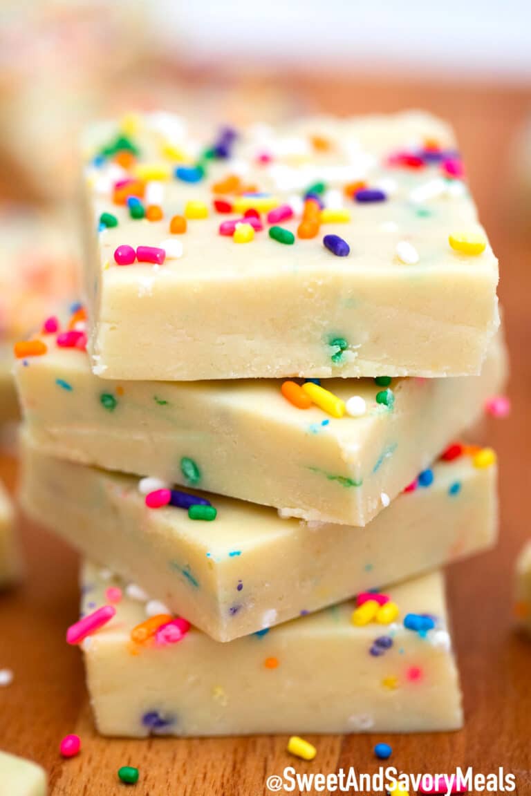 White chocolate fudge with sprinkles.