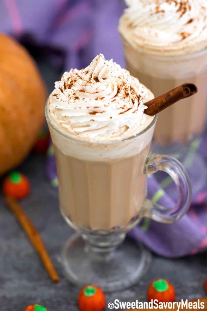 pumpkin pie latte topped with ground cinnamon and whipped cream
