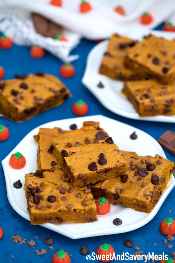 Chocolate chip pumpkin bars on a white plate