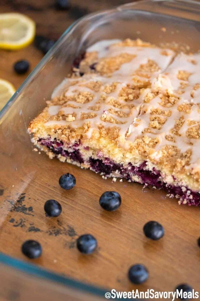 Blueberry buckle in a glass pan.
