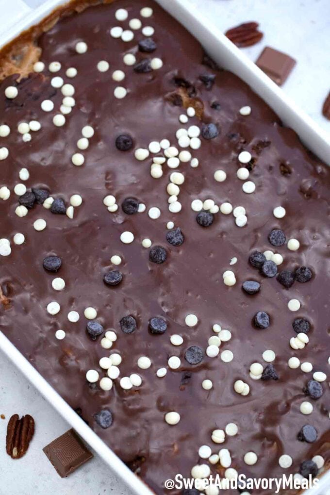 Earthquake Cake with white and milk chocolate chips.