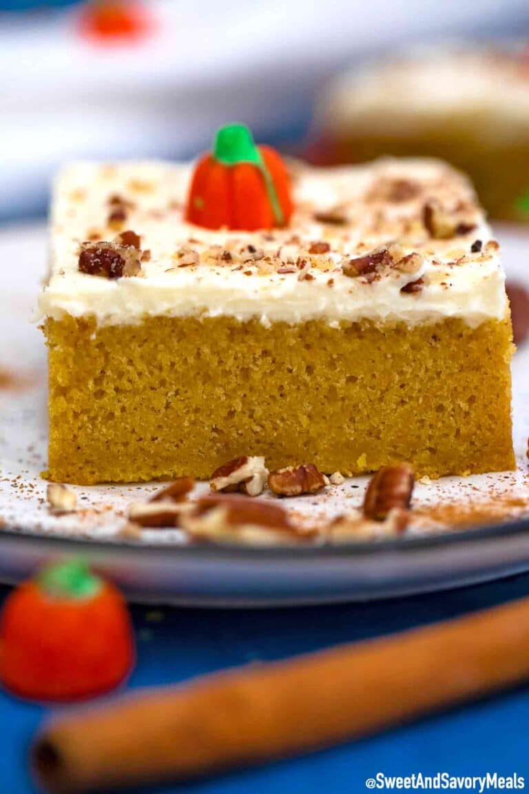 Pumpkin sheet cake slice.