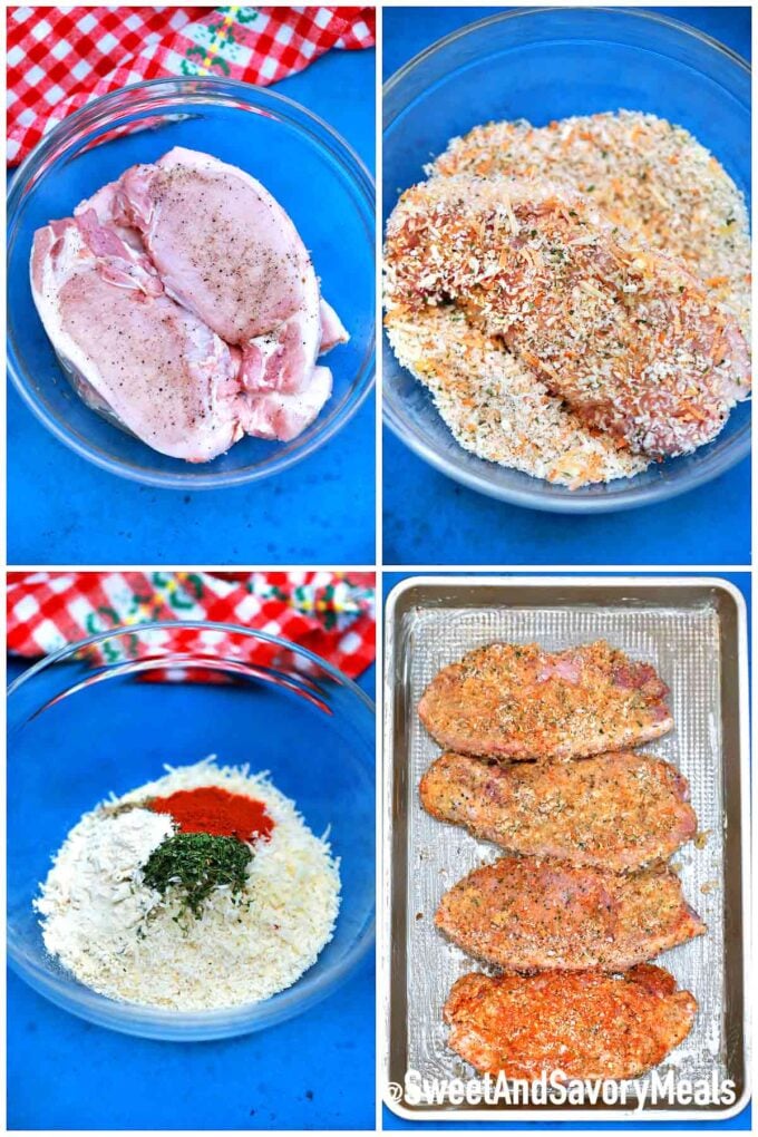 Steps how to make crispy baked pork chops.