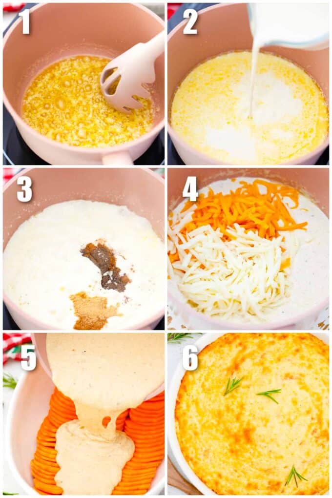 photo collage of six photos showing how to make scalloped sweet potatoes
