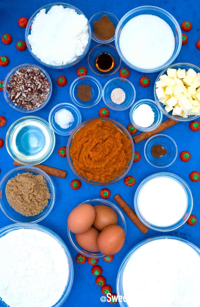 Pumpkin sheet cake ingredients in individual bowls. 