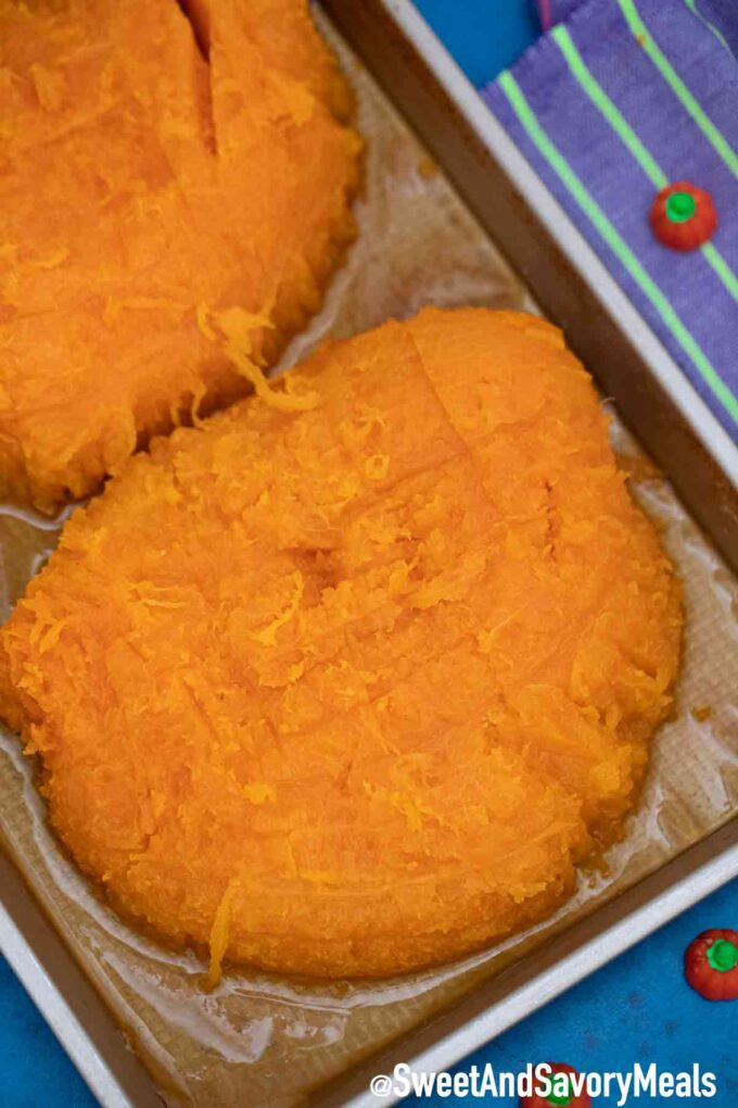 Peeled and roasted pumpkin on a baking dish