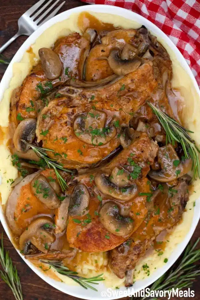 Instant pot pork chops with mushroom gravy and mashed potatoes