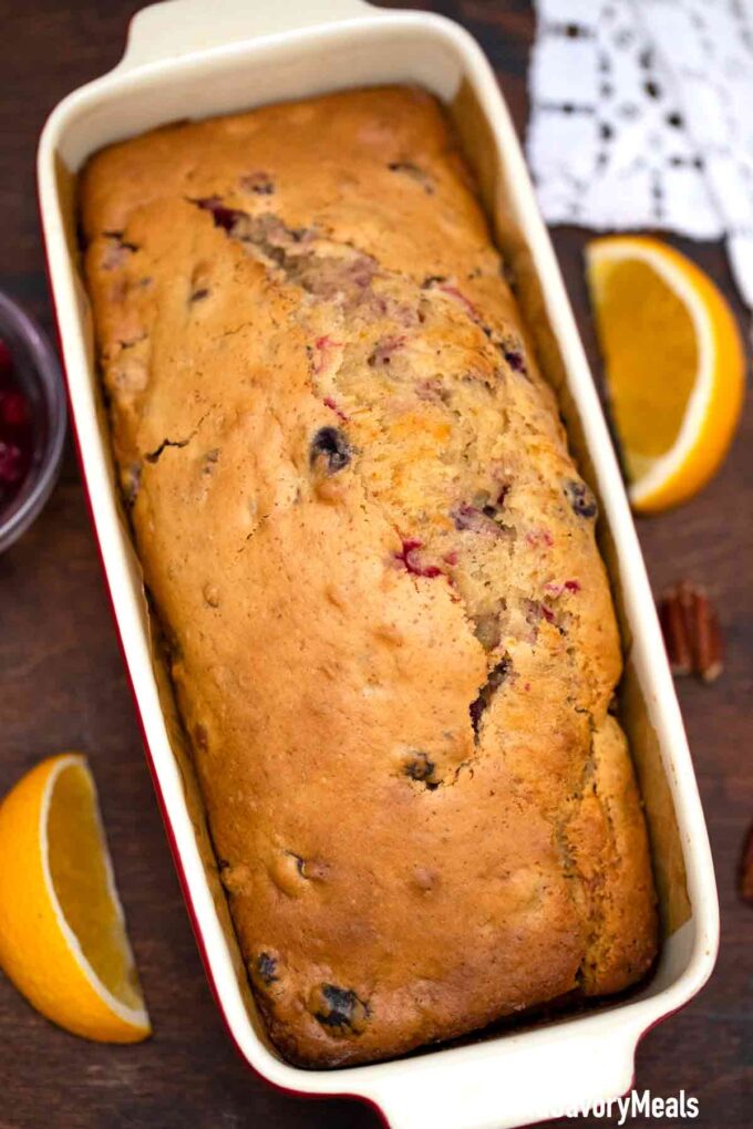 cranberry bread in a loaf pan