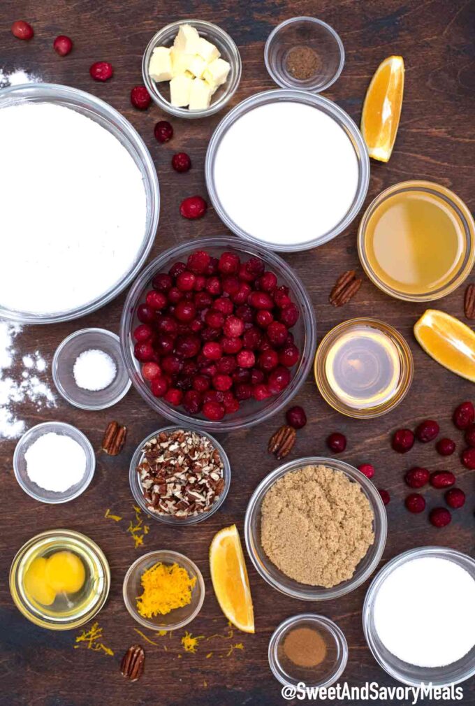 cranberry bread ingredients in bowls on a table