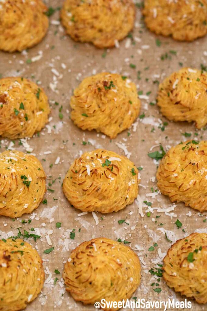 duchess potatoes on a baking sheet