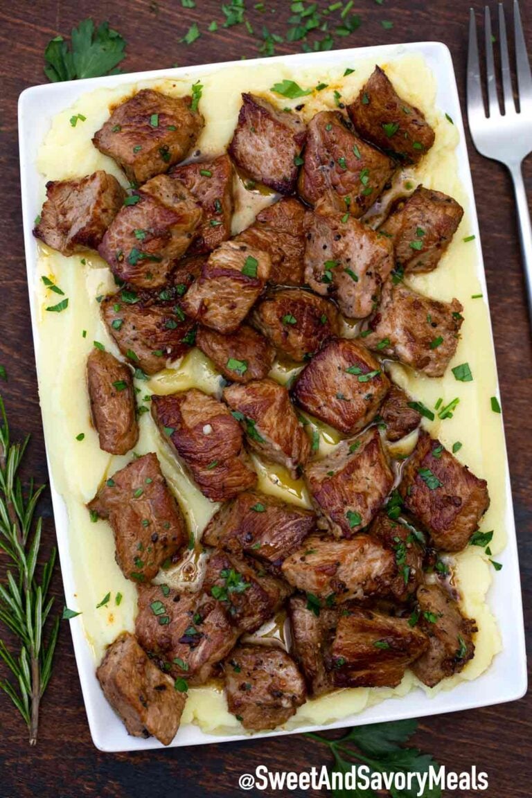 garlic butter steak bites with mashed potatoes