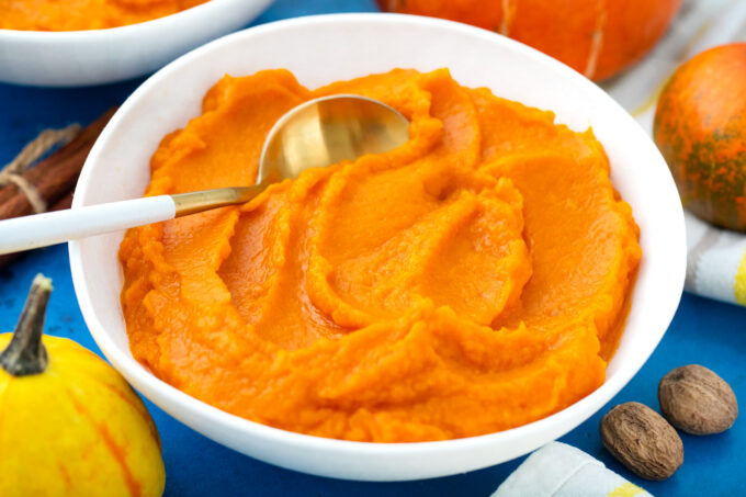 A bowl of creamy homemade pumpkin puree.
