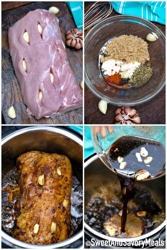 collage of steps how to make instant pot balsamic pork loin