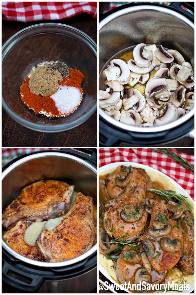 photo collage of steps how to make instant pot pork chops