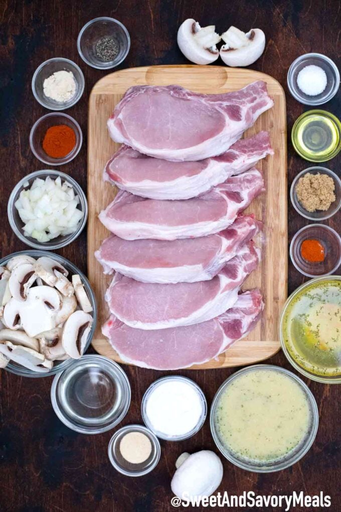 Instant pot pork chops ingredients arranged on a cutting board and into bowls