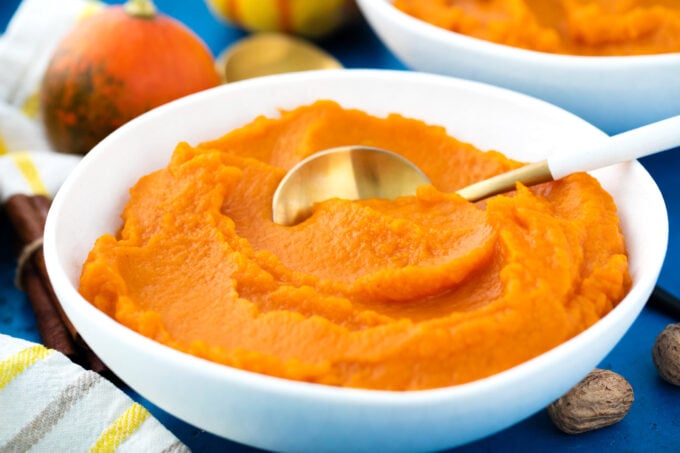 Smooth and creamy, homemade pumpkin puree.