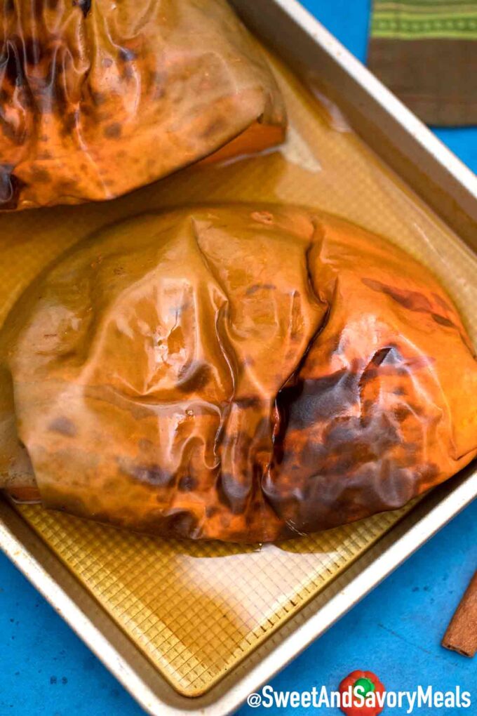 roasted pumpkin on a baking sheet