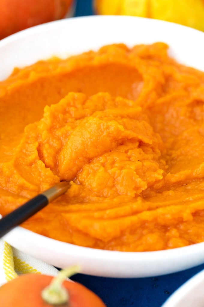 A bowl of homemade pumpkin puree.
