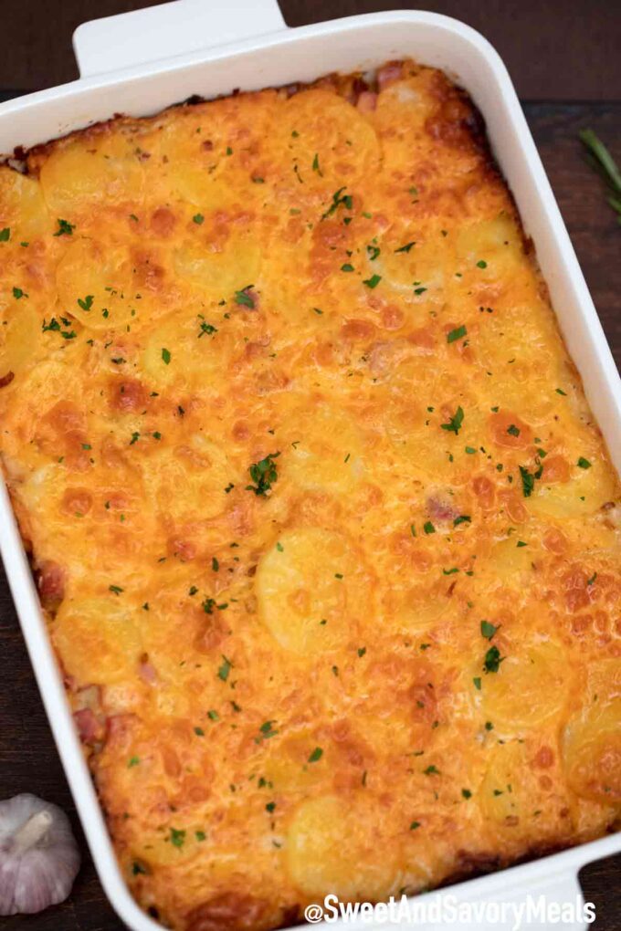 Freshly baked scalloped potatoes and ham casserole