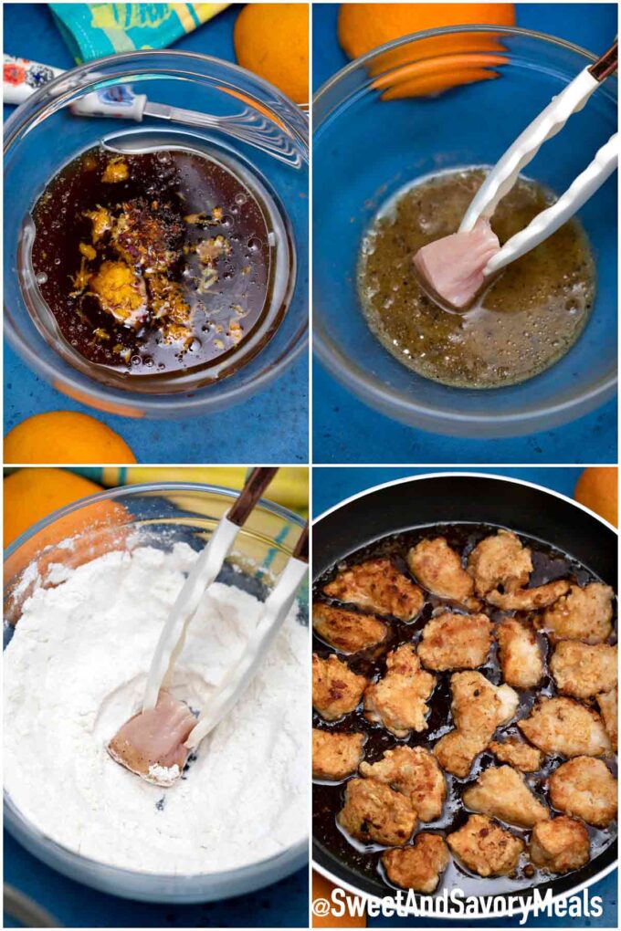 photo collage of steps how to make Panda Express orange chicken copycat