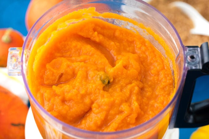 Homemade pumpkin puree in the food processor.