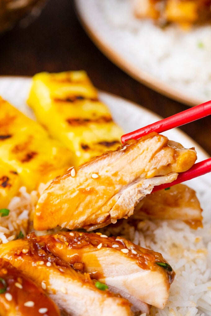 Panda Express mandarin teriyaki chicken copycat recipe served with white rice and grilled pineapple.