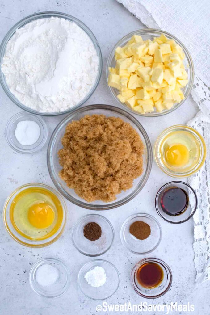 brown sugar cookies ingredients in individual bowls