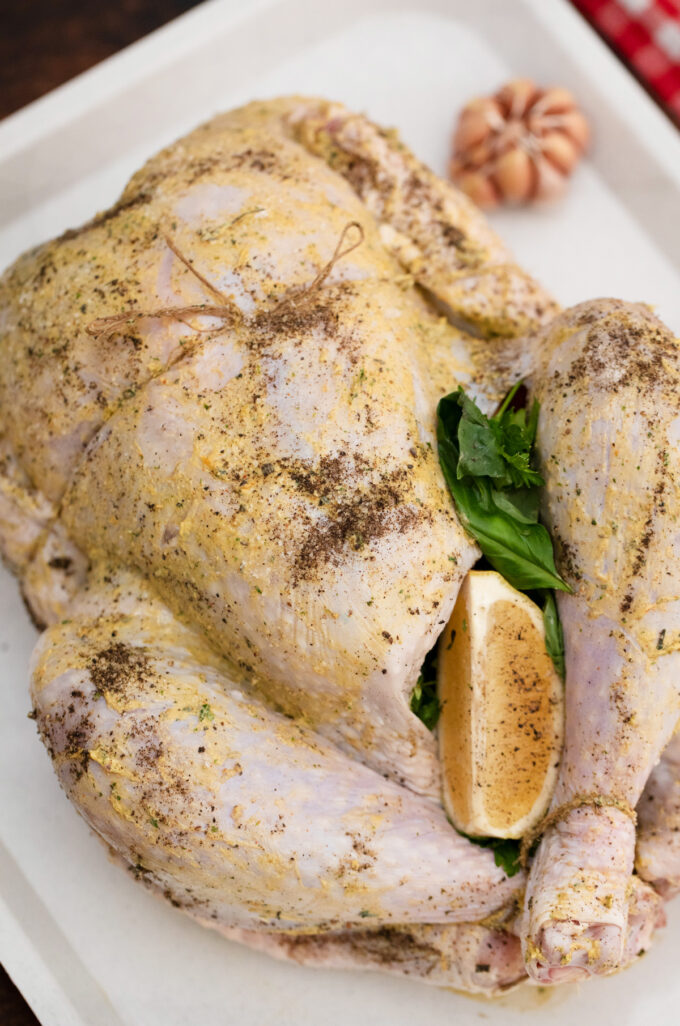 Whole turkey covered in a butter coating in a pan.