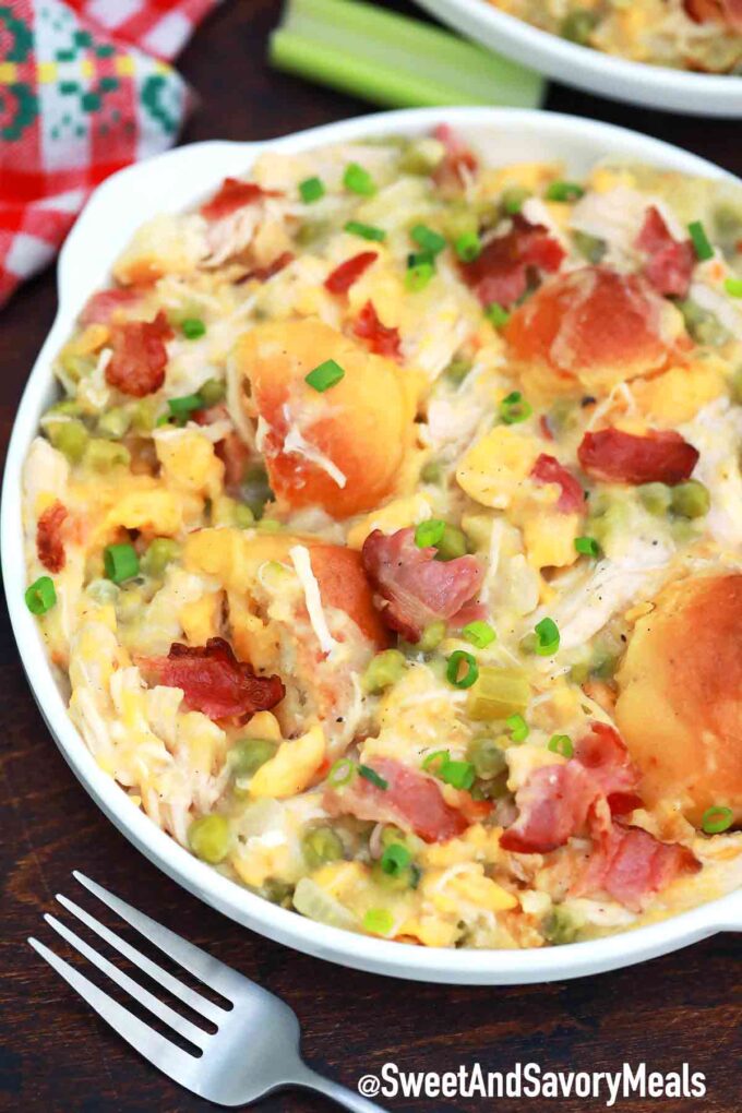 chicken and dumplings casserole on a white plate