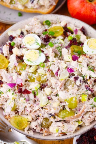A bowl of creamy turkey salad with grapes.