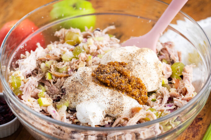 Turkey salad ingredients in a bowl.