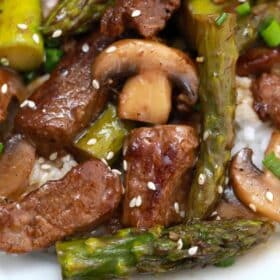 Panda Express Shanghai Angus steak with asparagus and mushrooms