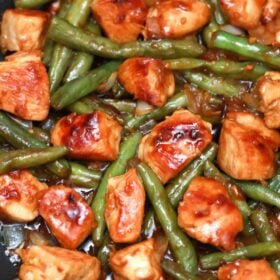 Panda Express string bean chicken breast with sesame seeds in a pan
