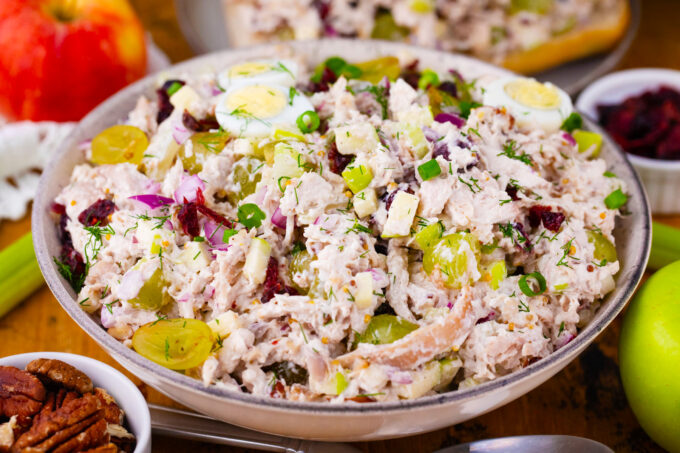 Homemade turkey salad with grapes and celery.