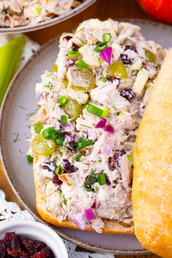 Homemade creamy turkey salad sandwich.