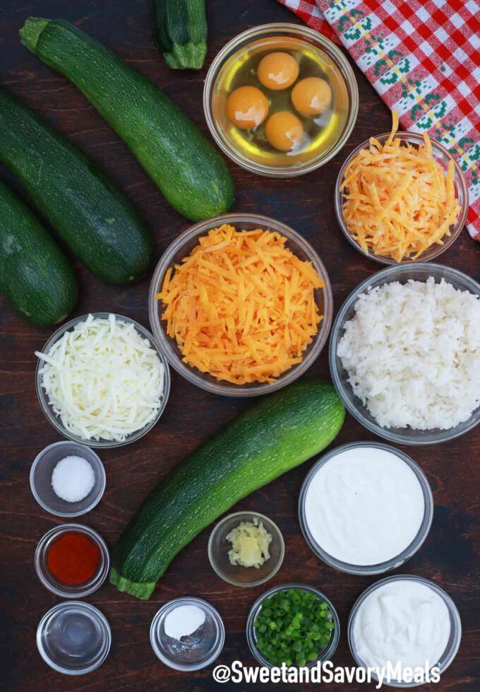 zucchini casserole ingredients on a wooden table