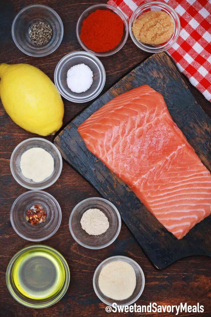 air fryer salmon ingredients on a wooden table